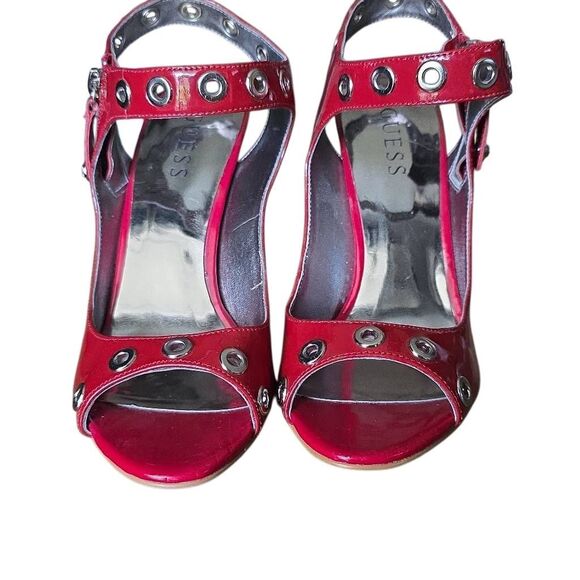 Guess Women's Size 7 Red Silver Grommets Patent Leather Peeptoe Stiletto Heels - Picture 2 of 6